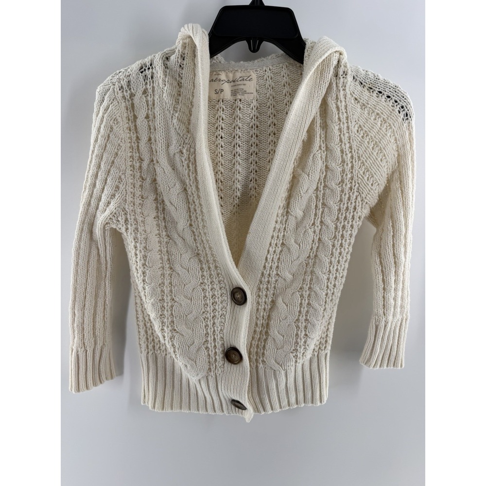 Aéropostale Sweater Women Jr Small Cream Hooded Cable-Knit Button Up Cardigan